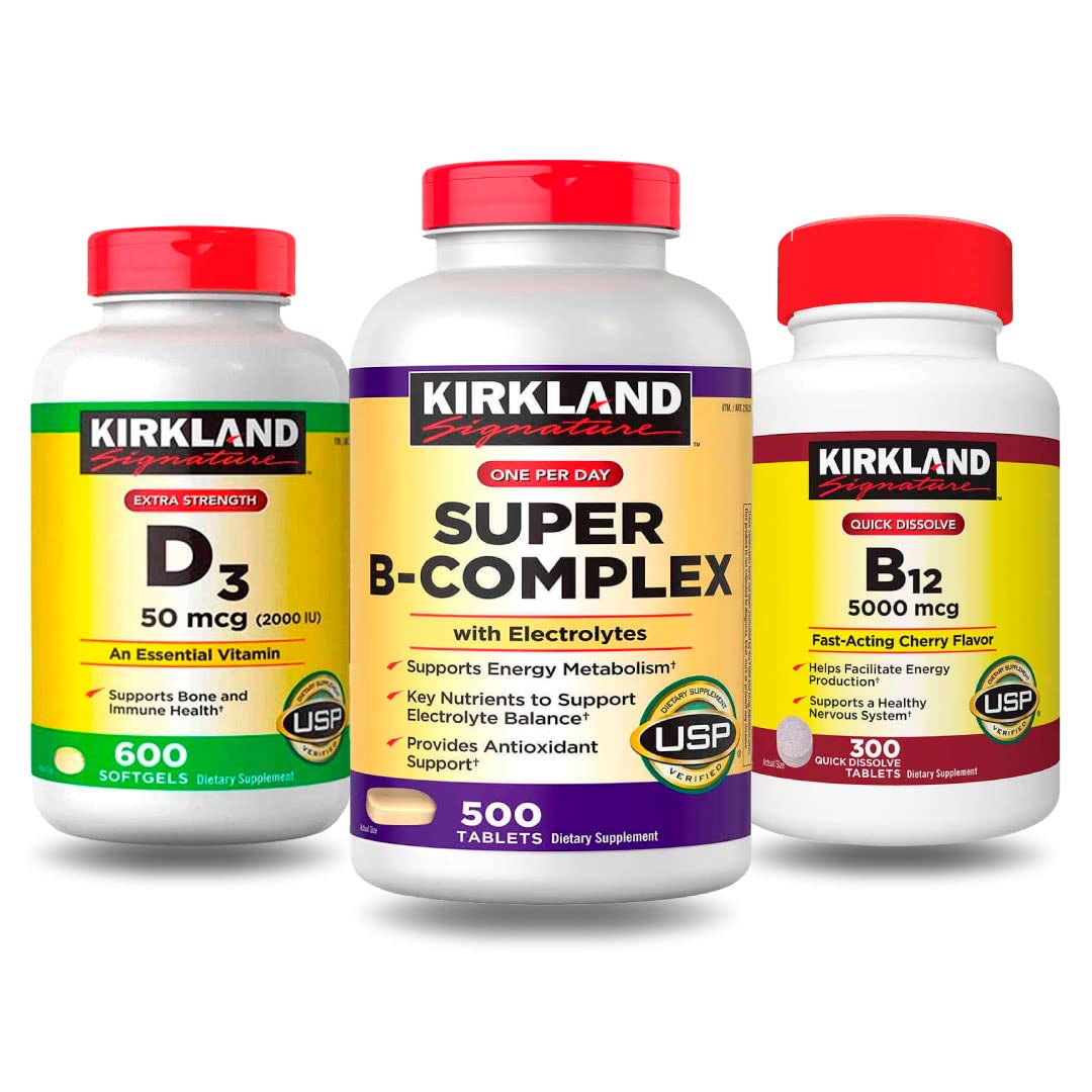 Kirkland Signature – Super B-Complex with Electrolytes 500 Tablets + Vitamin D3 2000IU, 600 Softgels + Vitamin B12 5000mcg, Cherry Flavor, 300 Tablets (Bundle of 3 Units Total)